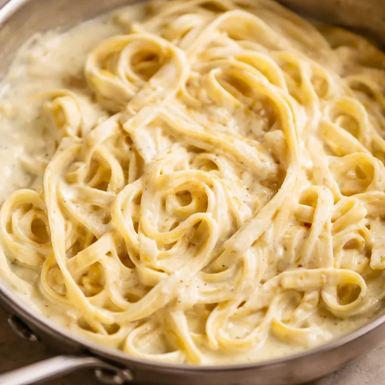 Delicious homemade alfredo sauce served over fettuccine pasta.