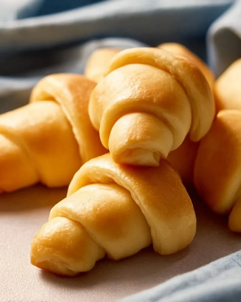 Freshly baked crescent rolls, golden and flaky, served on a plate.