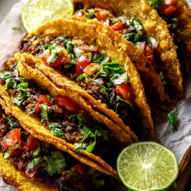 Crispy black bean tacos topped with fresh ingredients and served on a plate.