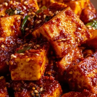 Crispy gochujang tofu served with vibrant vegetables