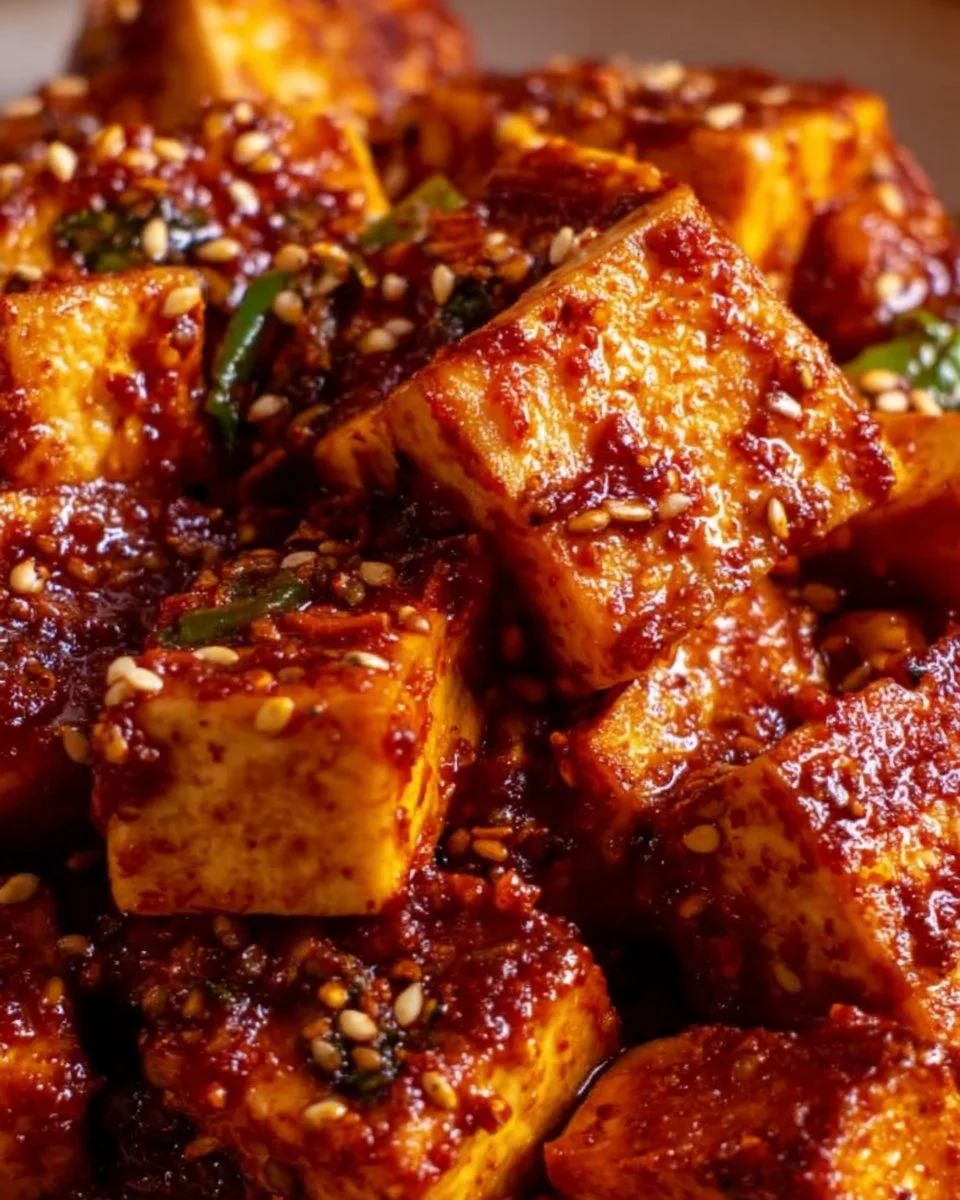 Crispy gochujang tofu served with vibrant vegetables