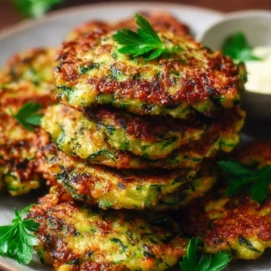 Crispy zucchini fritters served on a plate with dip