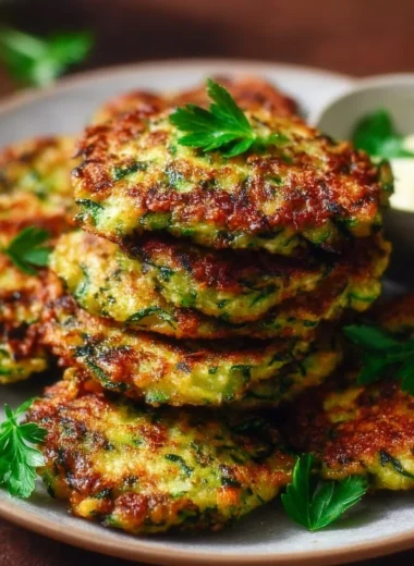 Crispy zucchini fritters served on a plate with dip