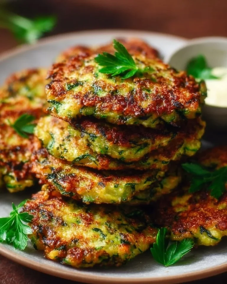 Crispy zucchini fritters served on a plate with dip
