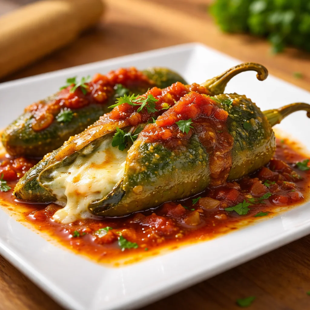Delicious chili relleno topped with ranchero sauce and served with sides.