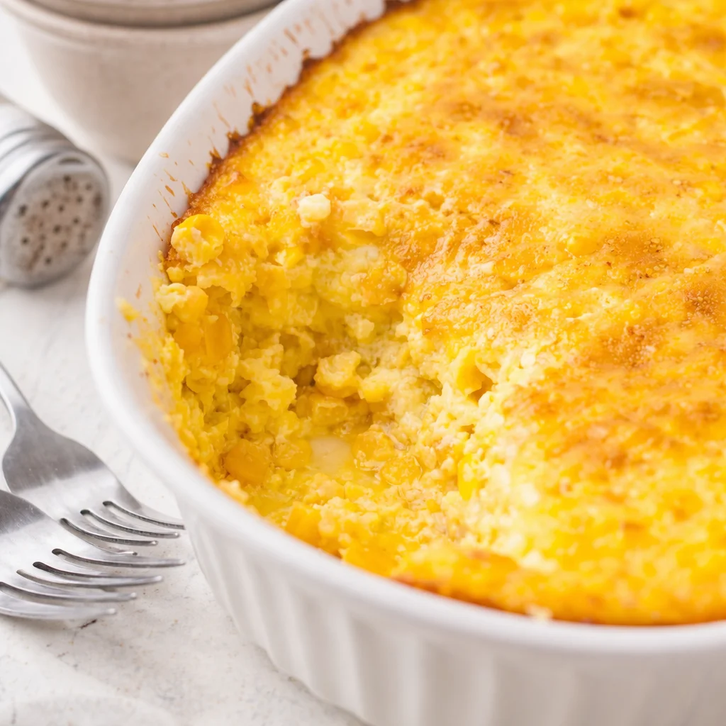 Delicious homemade corn pudding served in a dish, showcasing creamy texture and sweet corn.