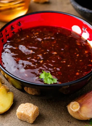 Homemade teriyaki sauce ingredients: soy sauce, brown sugar, garlic, ginger.