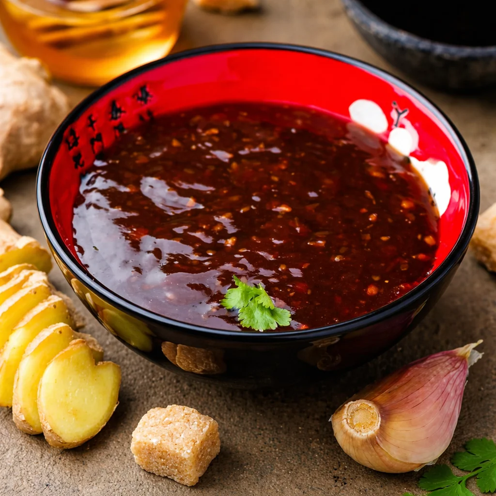 Homemade teriyaki sauce ingredients: soy sauce, brown sugar, garlic, ginger.