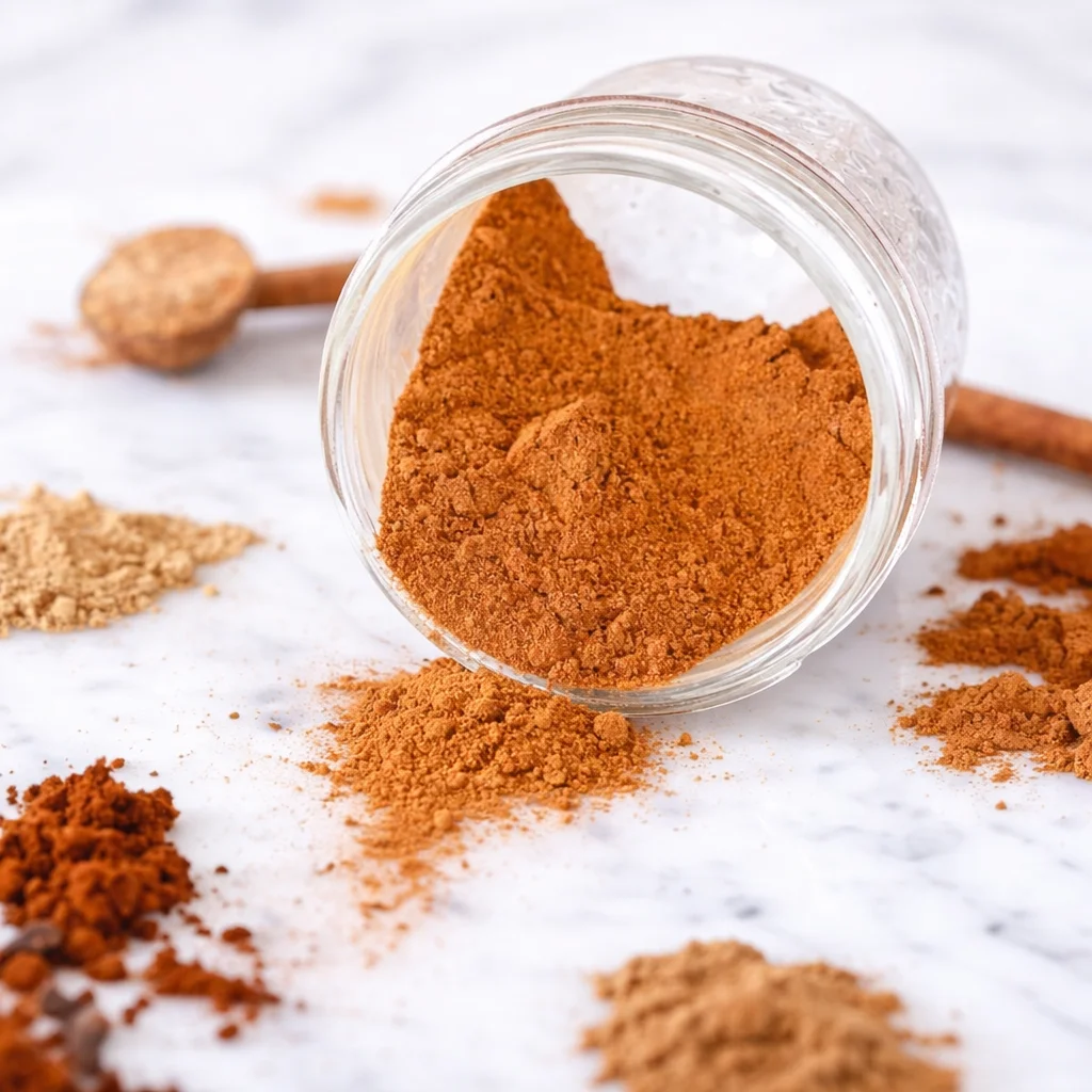 Homemade pumpkin pie spice recipe with cinnamon, ginger, nutmeg, allspice.