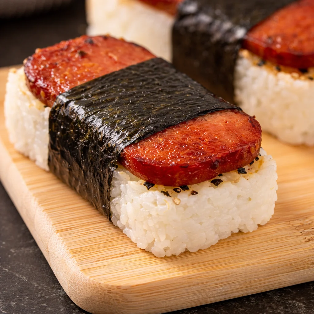 Spam musubi featuring sushi rice and marinated Spam wrapped in nori seaweed.