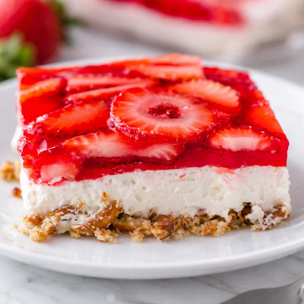 Delicious Strawberry Pretzel Salad with a crunchy pretzel crust and creamy strawberry filling.
