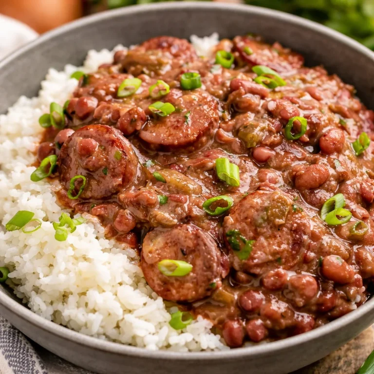 Delicious authentic Louisiana red beans and rice dish with Andouille sausage and spices.
