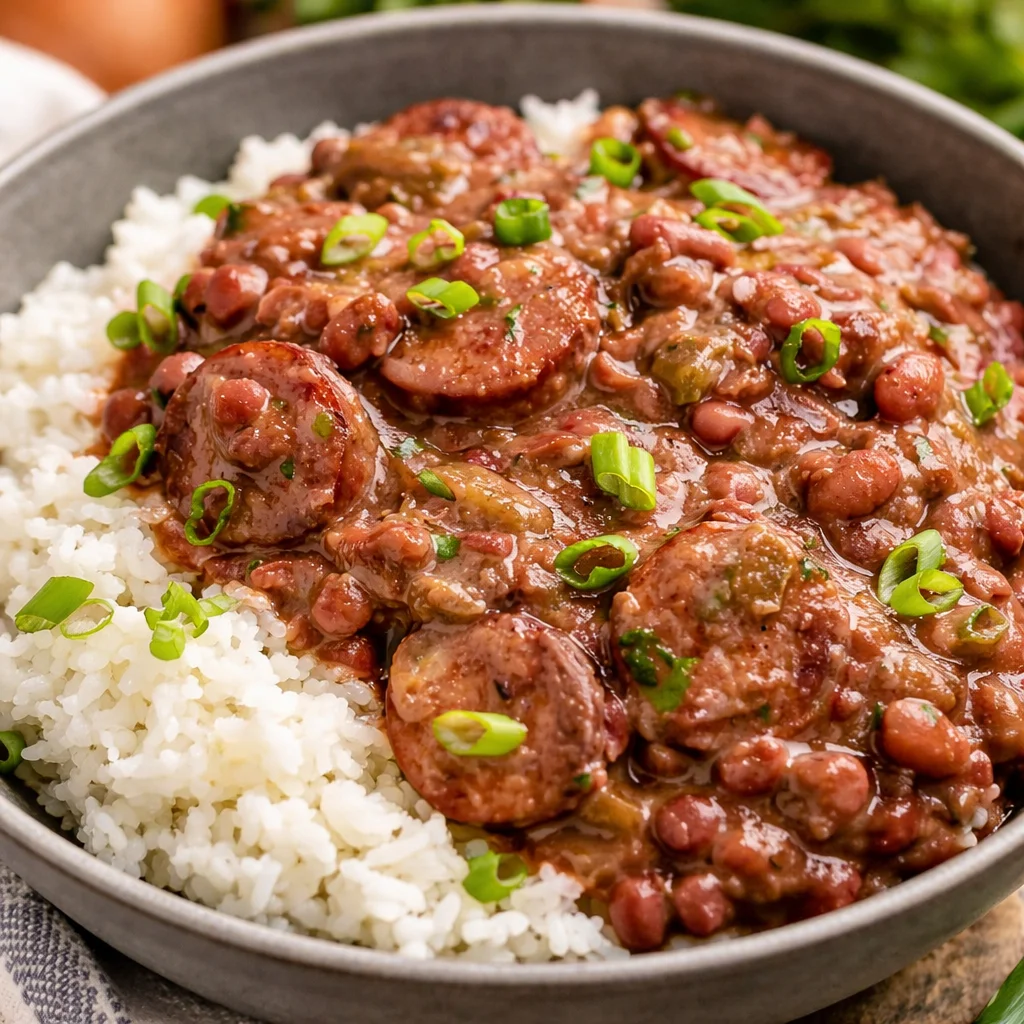 Delicious authentic Louisiana red beans and rice dish with Andouille sausage and spices.
