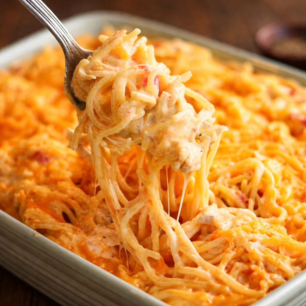 Delicious creamy chicken spaghetti served in a bowl with fresh herbs