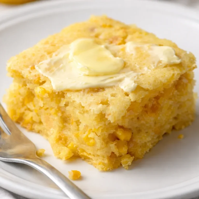 Delicious cornbread casserole topped with melted cheese and served in a baking dish.