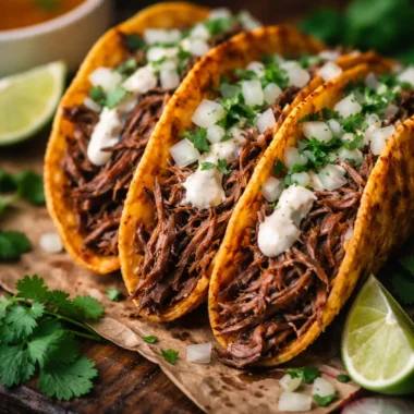 Quesabirria tacos with melted cheese and beef served with consomé for dipping.
