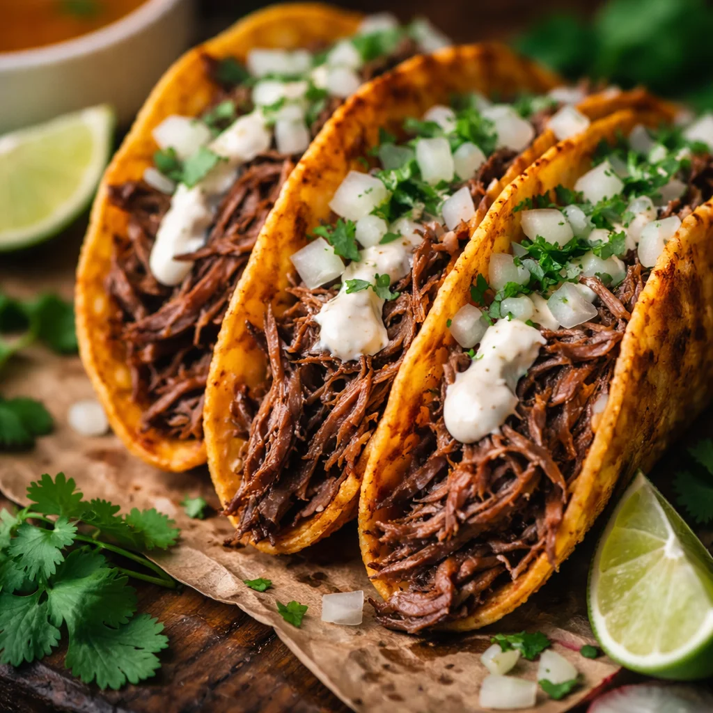 Quesabirria tacos with melted cheese and beef served with consomé for dipping.