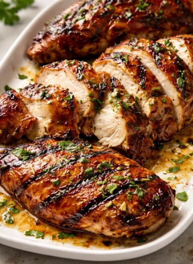 Juicy grilled chicken breast recipe served with fresh herbs and vegetables.
