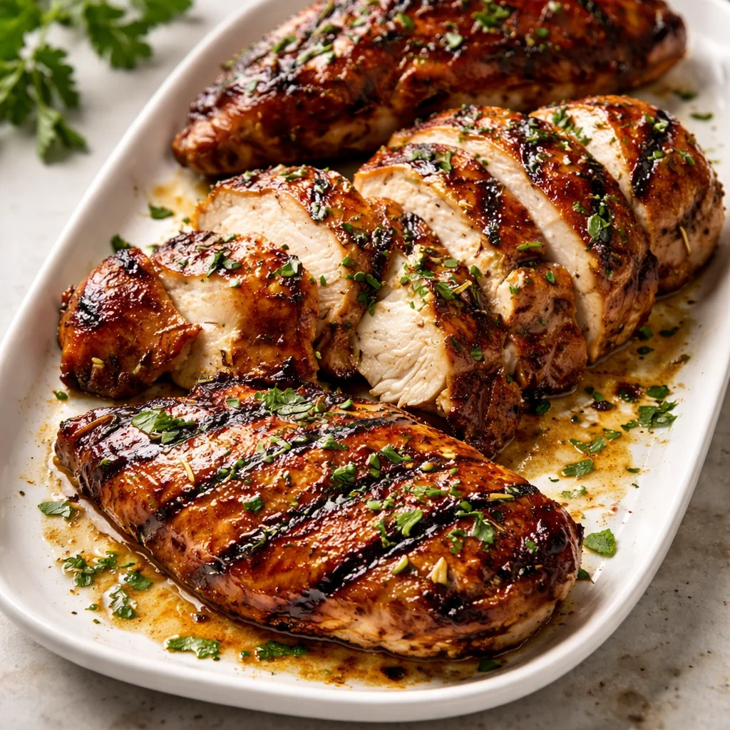 Juicy grilled chicken breast recipe served with fresh herbs and vegetables.