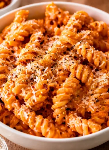 Delicious homemade vodka sauce with cream, tomatoes, and garlic served over pasta.