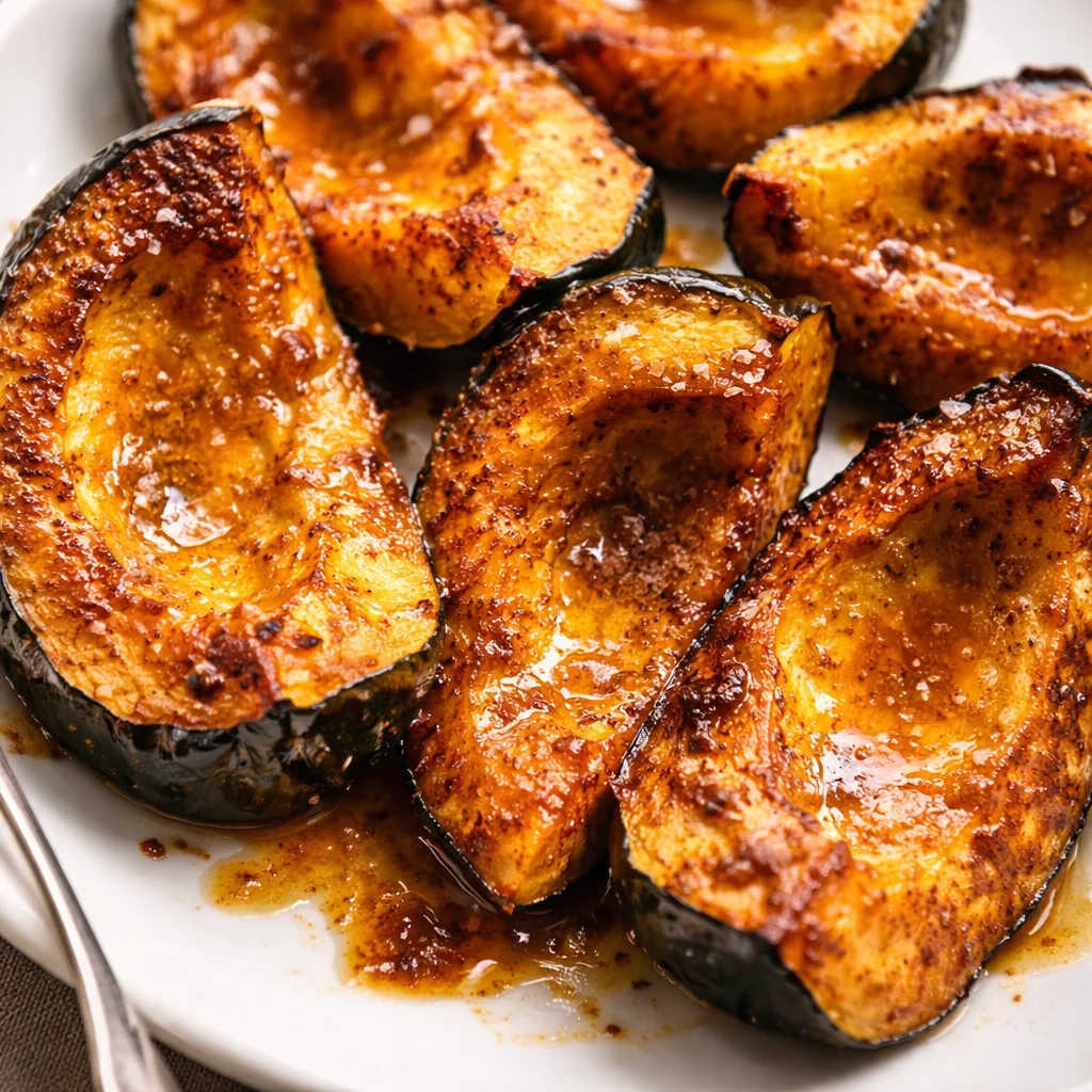 Roasted acorn squash halves with brown sugar and butter, served as a fall side dish