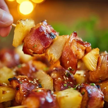 Easy Bacon Wrapped Chicken Teriyaki Bites on a platter, garnished with green onions.