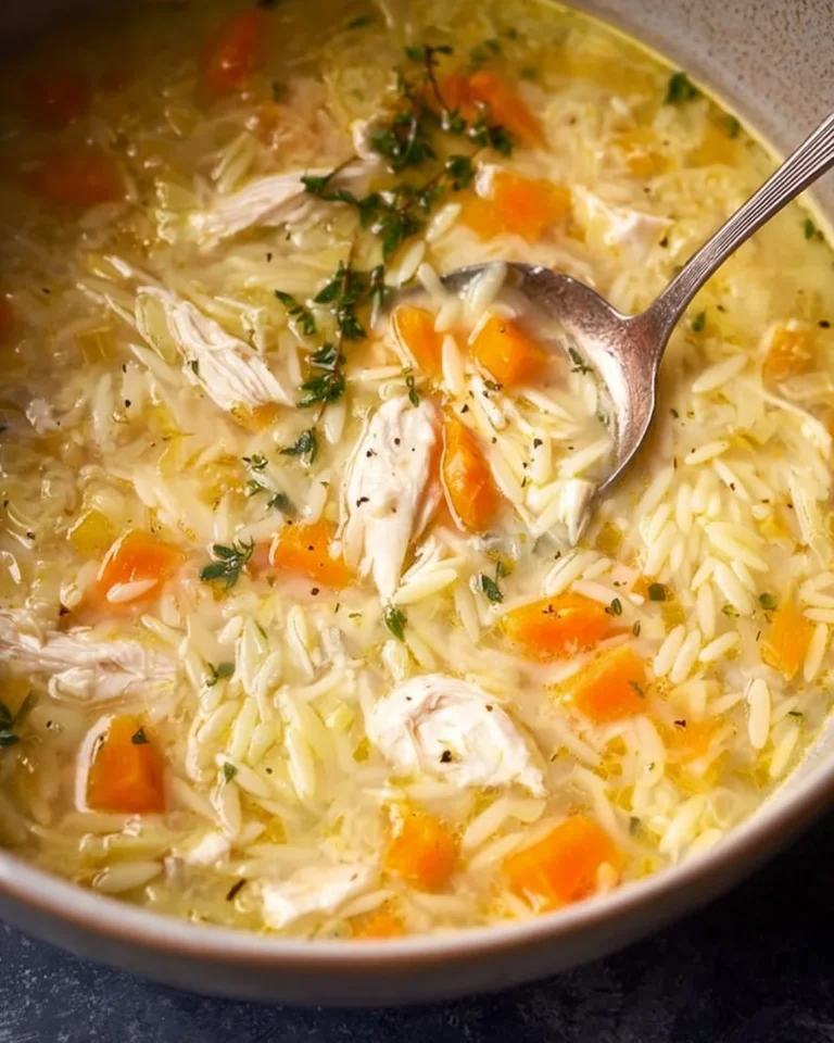 Bowl of easy lemon chicken orzo soup garnished with fresh herbs