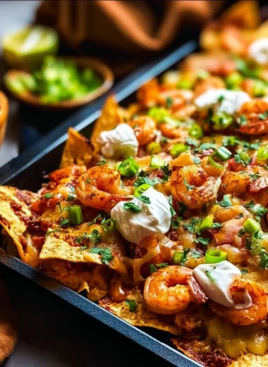Delicious easy shrimp nachos topped with fresh ingredients
