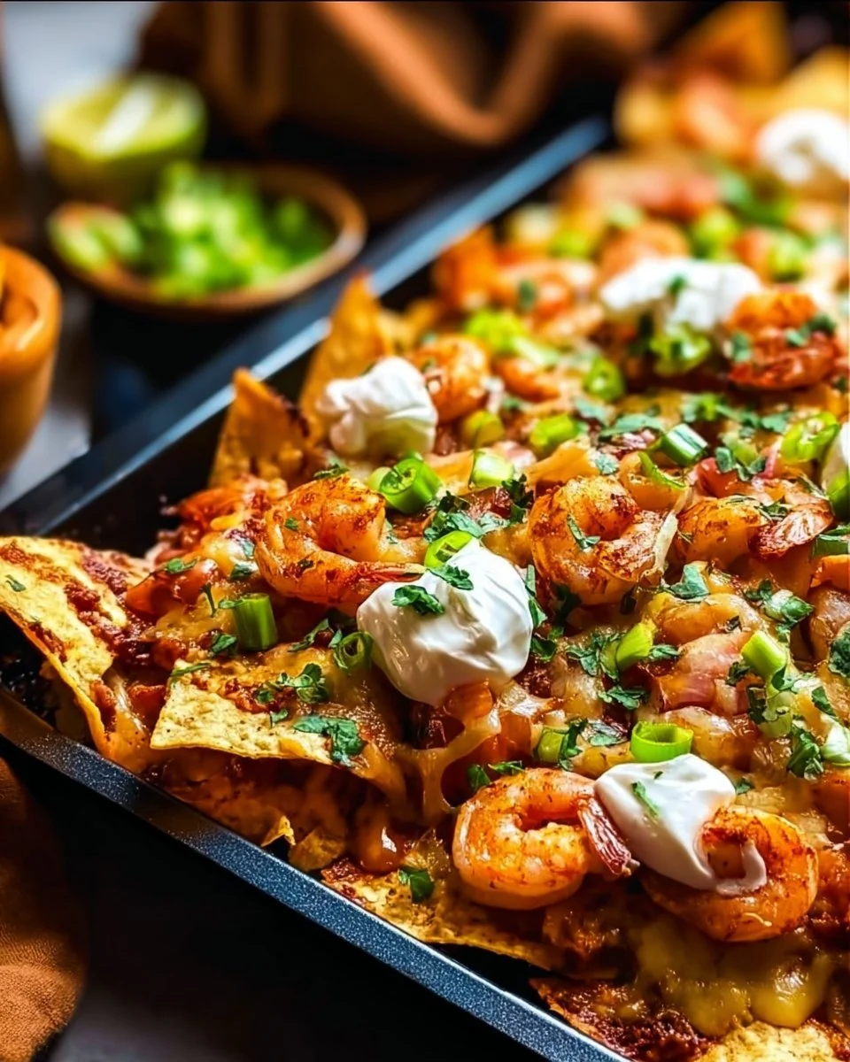 Delicious easy shrimp nachos topped with fresh ingredients