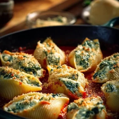 Easy spinach and ricotta stuffed shells served in a baking dish