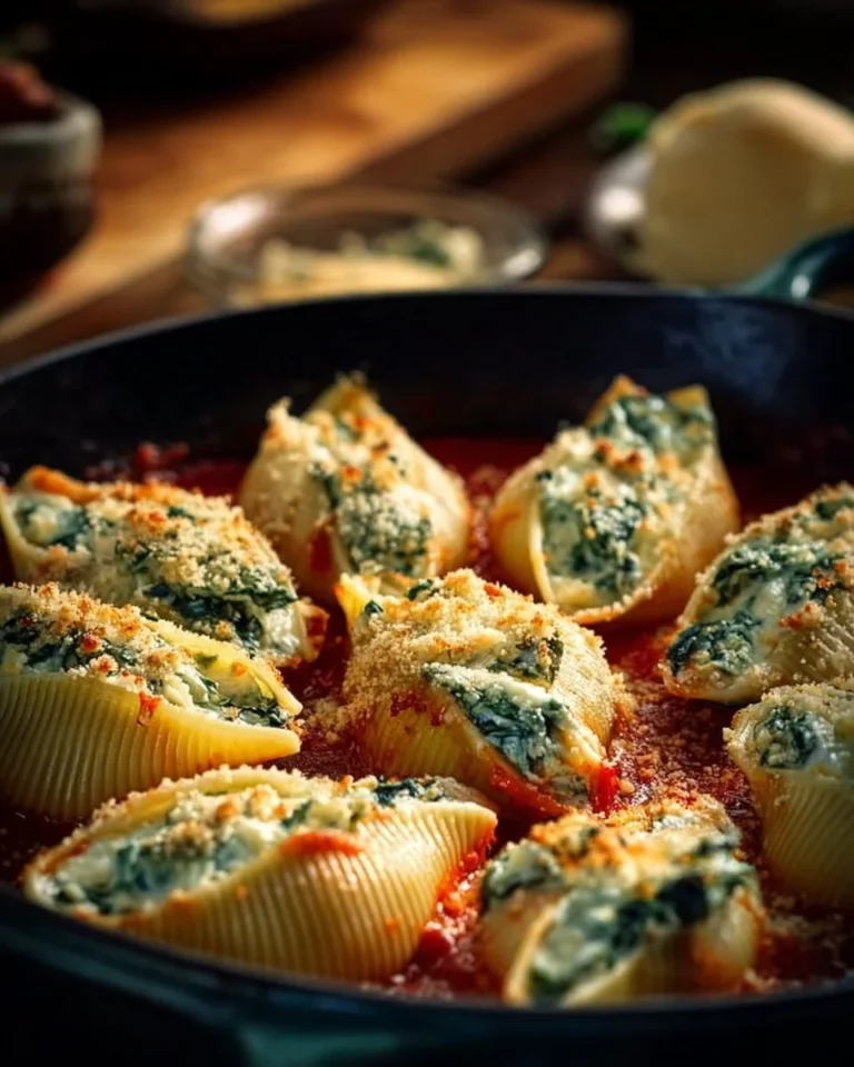 Easy spinach and ricotta stuffed shells served in a baking dish