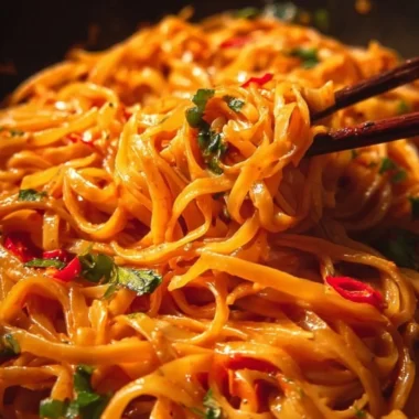 Bowl of easy Thai Red Curry Noodles topped with fresh herbs and vegetables