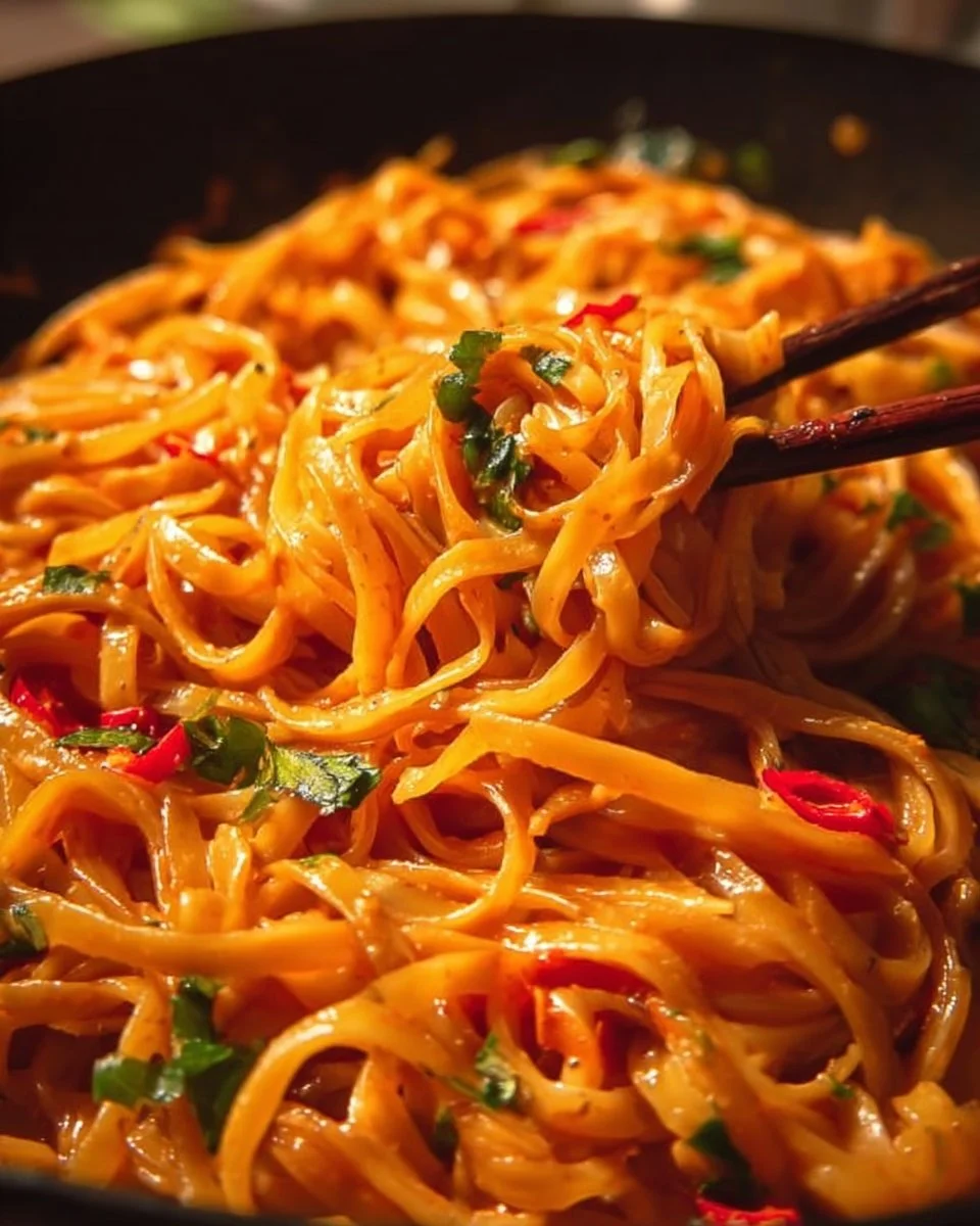 Bowl of easy Thai Red Curry Noodles topped with fresh herbs and vegetables