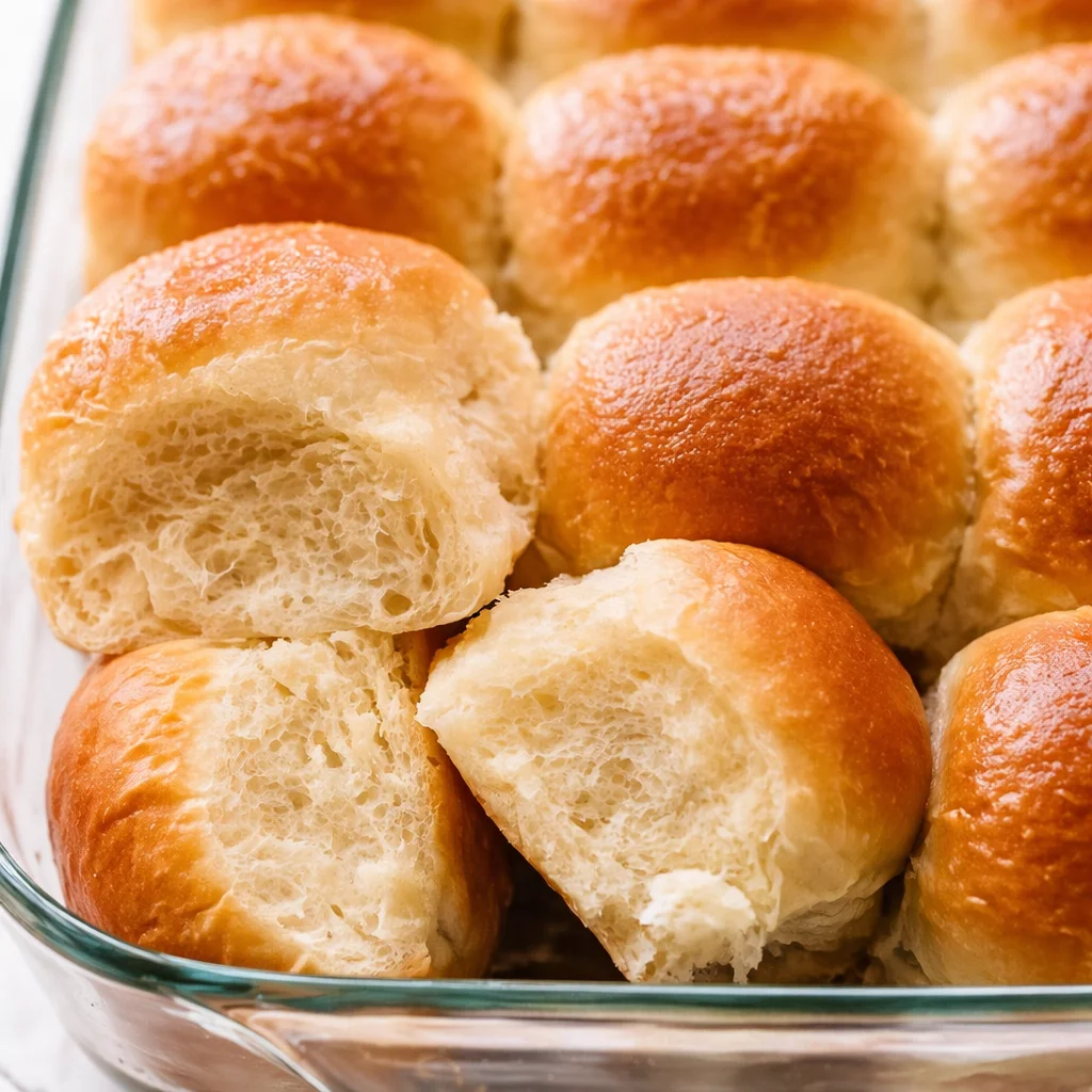 Freshly baked homemade dinner rolls on a rustic wooden table.