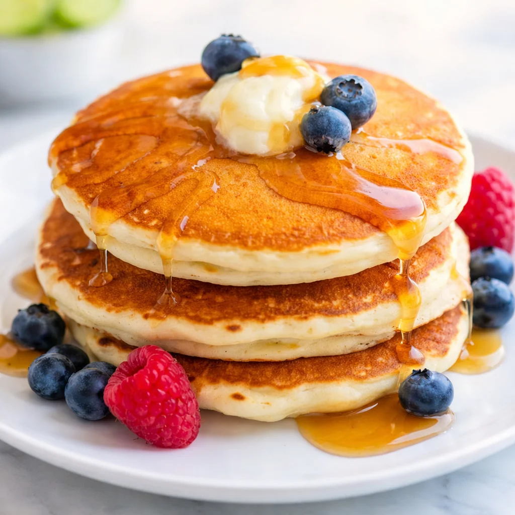 Fluffy pancakes made from homemade pancake mix on a beautiful plate.