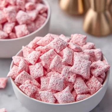 Fluffy Strawberry Shortcake Puppy Chow in a bowl with strawberries and whipped cream