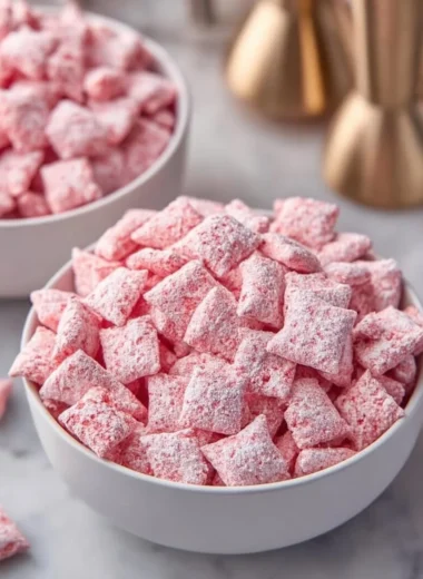 Fluffy Strawberry Shortcake Puppy Chow in a bowl with strawberries and whipped cream