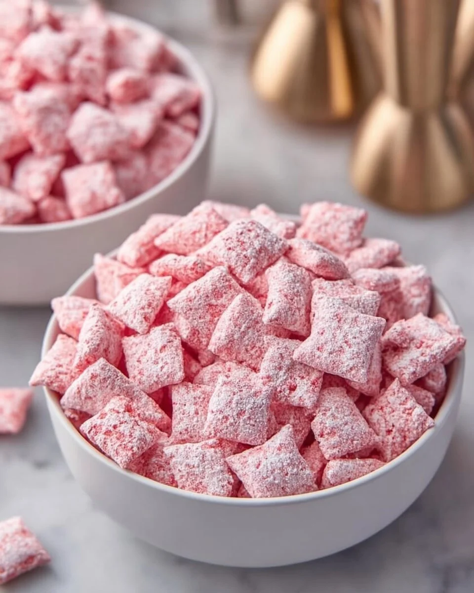 Fluffy Strawberry Shortcake Puppy Chow in a bowl with strawberries and whipped cream
