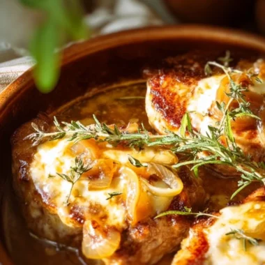 Delicious French Onion Pork Chops served with caramelized onions and herbs.