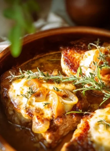 Delicious French Onion Pork Chops served with caramelized onions and herbs.