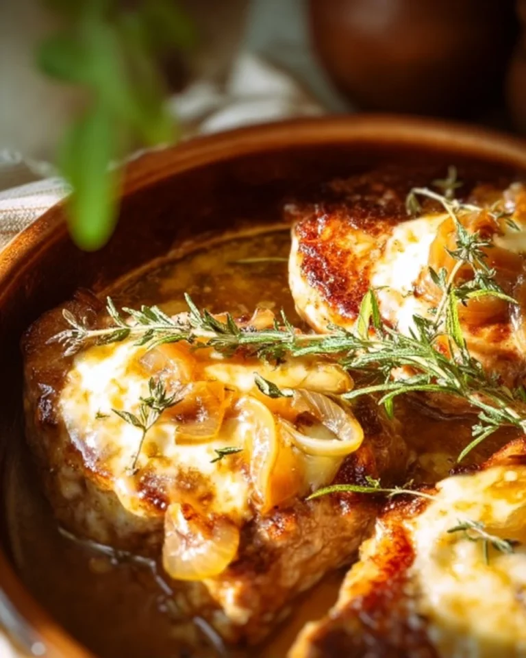Delicious French Onion Pork Chops served with caramelized onions and herbs.