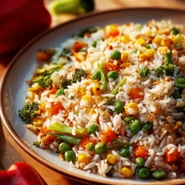 Healthy vegetable fried rice dish served in a bowl with colorful vegetables.