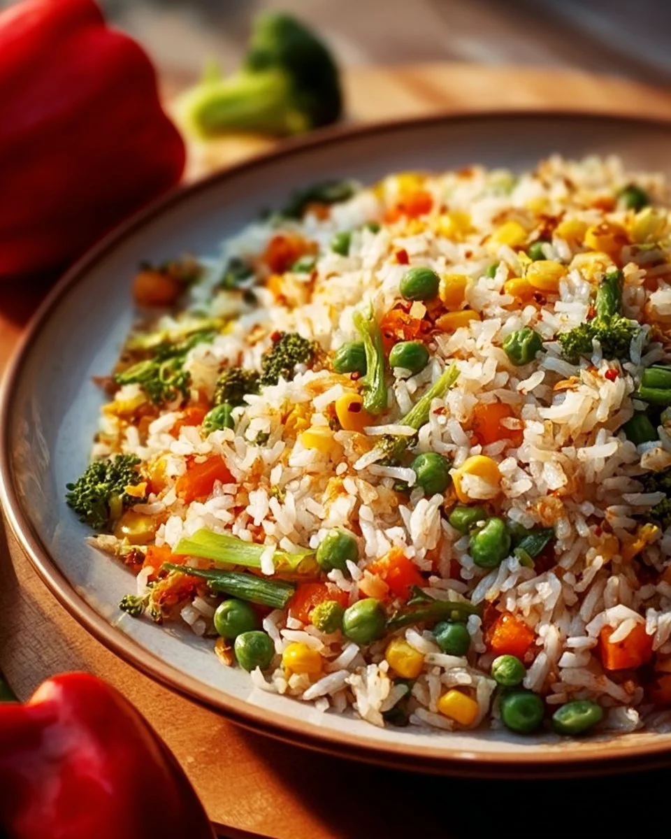 Healthy vegetable fried rice dish served in a bowl with colorful vegetables.