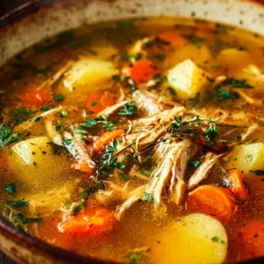 Bowl of hearty chicken veggie soup garnished with fresh herbs