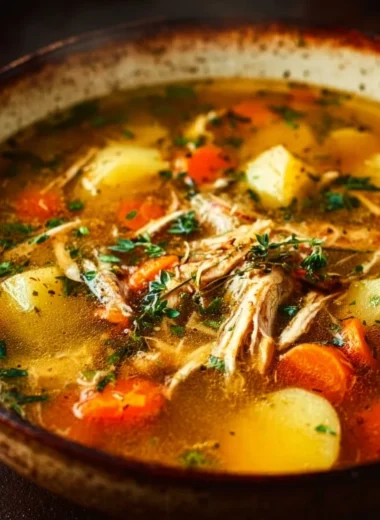 Bowl of hearty chicken veggie soup garnished with fresh herbs