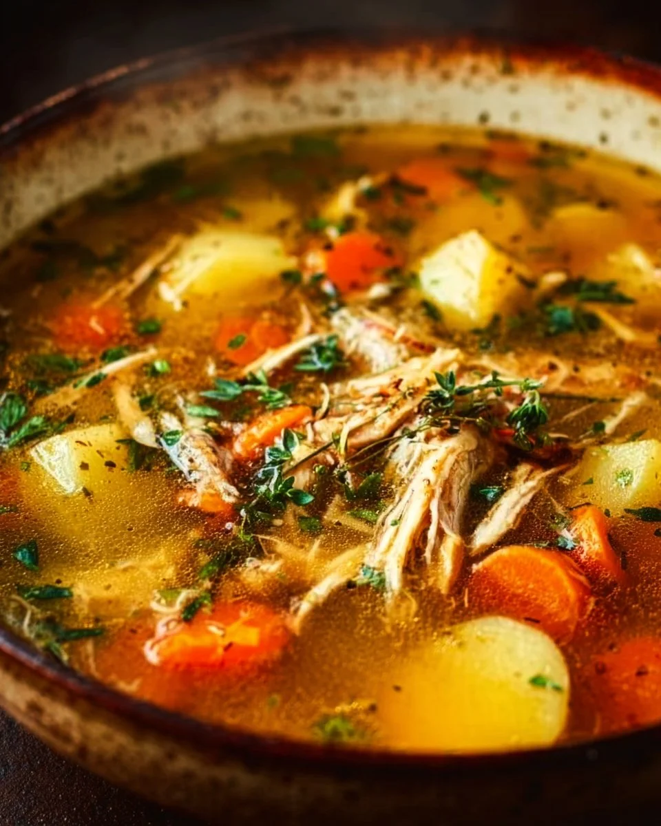 Bowl of hearty chicken veggie soup garnished with fresh herbs