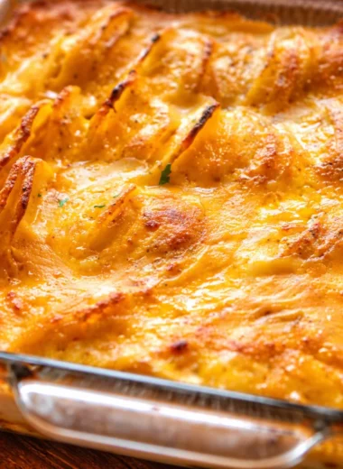 Dish of cheesy scalloped potatoes layered with creamy cheese sauce and herbs