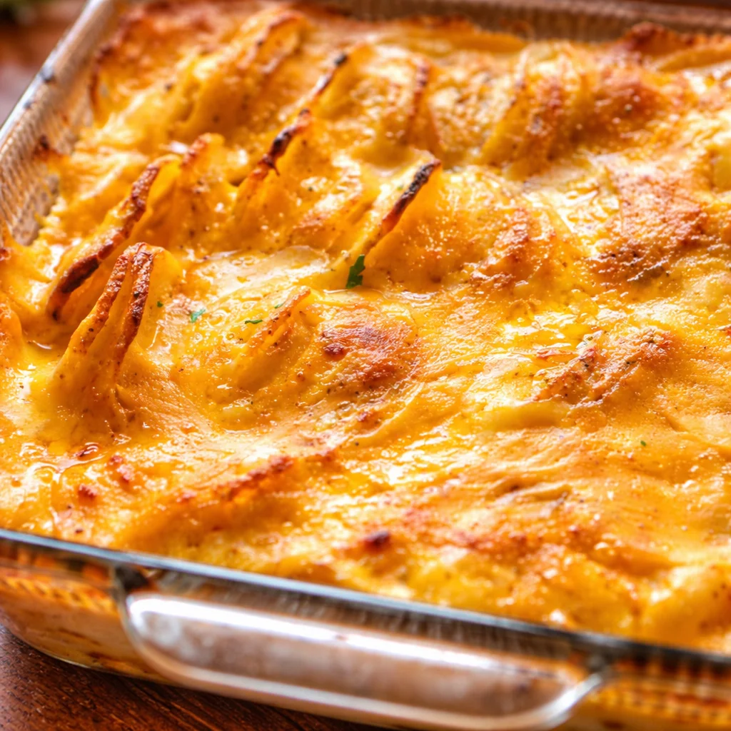 Dish of cheesy scalloped potatoes layered with creamy cheese sauce and herbs