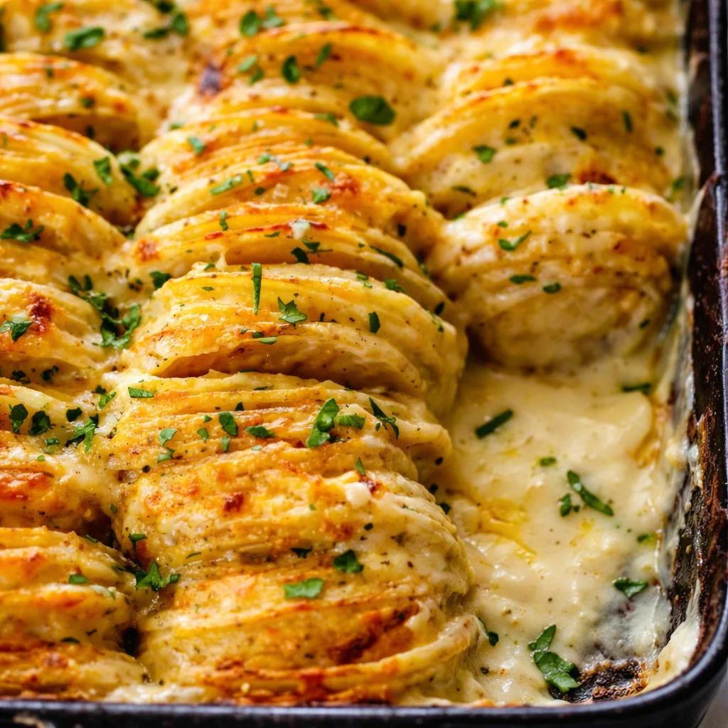 Deliciously creamy scalloped potatoes layered in a casserole dish.