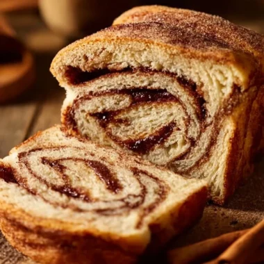 Freshly baked homemade cinnamon bread with a golden crust and swirls of cinnamon